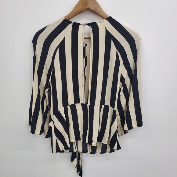 Topshop Black Ivory Striped Tie Front Blouse Womens 8 Boho Modern Statement Top - Picture 3 of 14